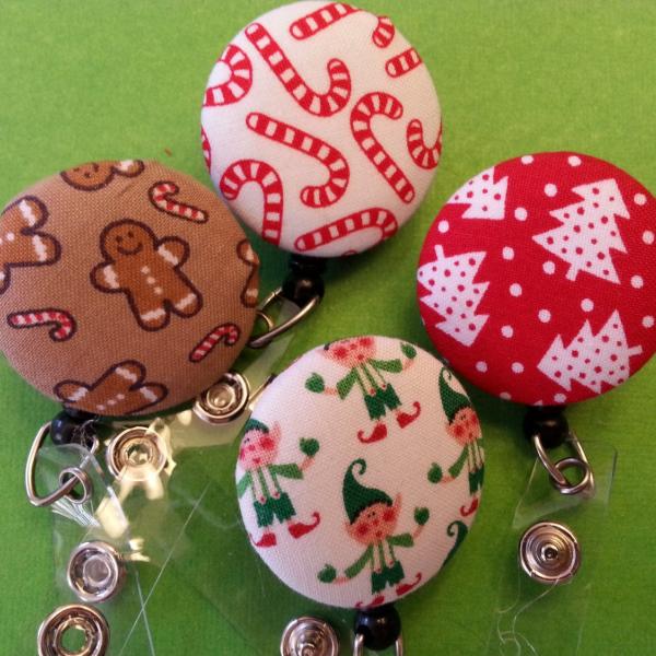 Holiday decorative badge reels with Candy canes, elves, trees, or gingerbread men.  For your ID or work badge!