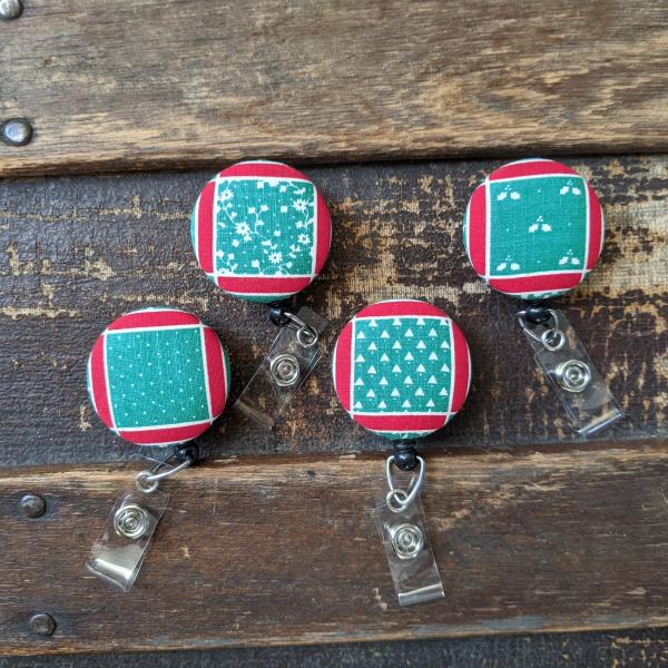 Green and Red Christmas Fabric Badge reels for work or school.