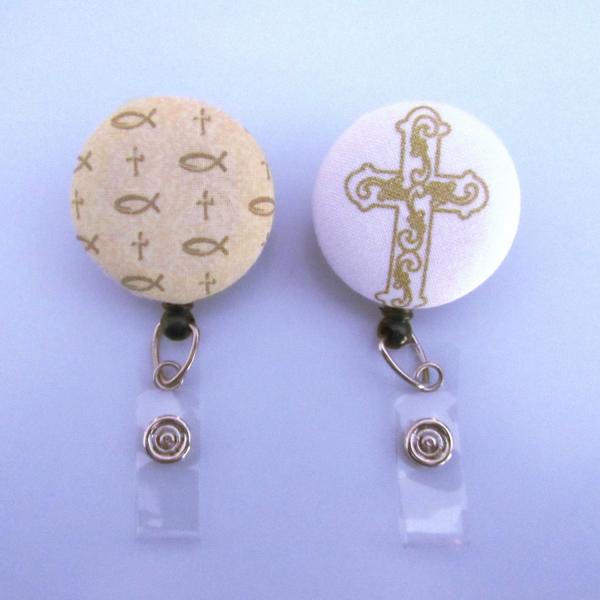 Decorative religious badge reels to attach your nametag or ID to at work or church.
