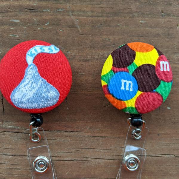 Candy badge reels - M and M, Hersey kiss