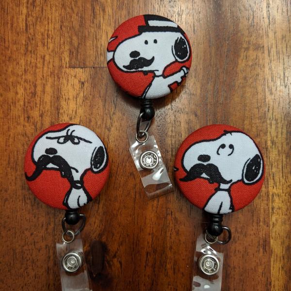 Mustached Snoopy Badge reels for work or school IDs