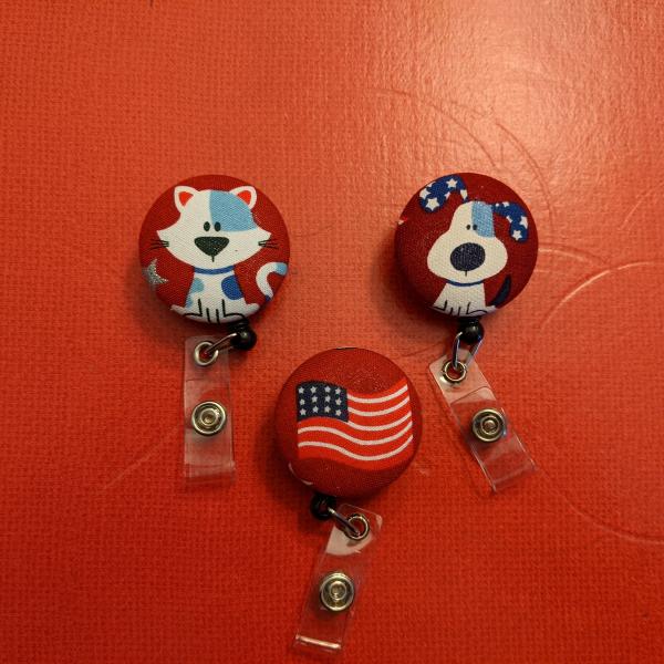 Patriotic Cat and Dog badge reels for work or school IDs