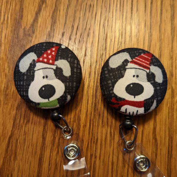 Cute dogs with winter hats badge reels for work or school IDs