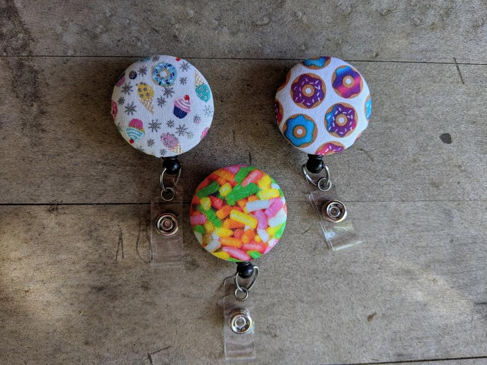 Food badge reels for work or school IDs