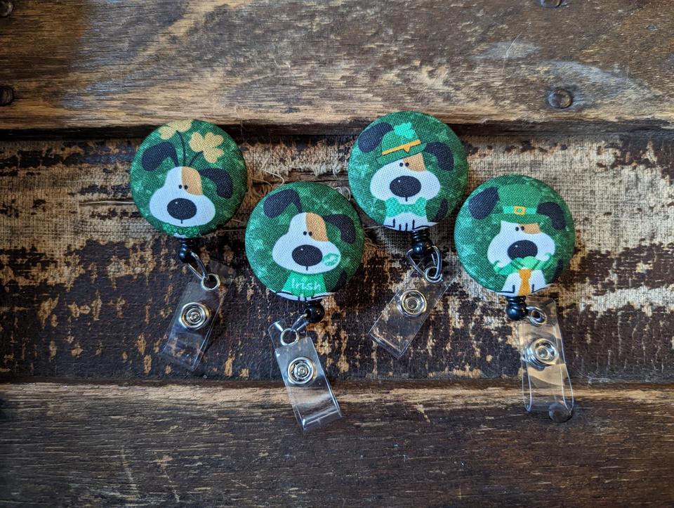 Shamrock Cute Dog badge reels for work or school IDs