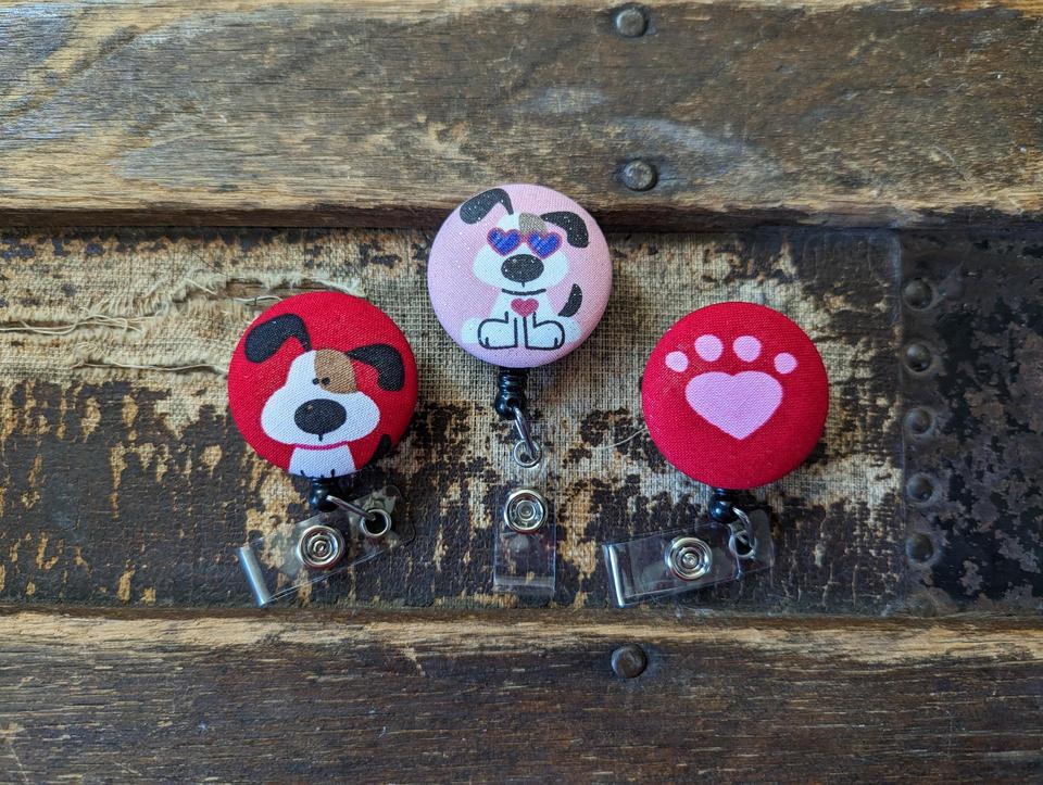 Valentine's Cute dog badge reels for work or school IDs.