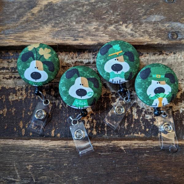 Shamrock Cute Dog badge reels for work or school IDs